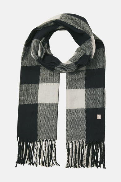 Écharpe noire à carreaux en laine par ACCESSORIES BY JACK & JONES avec des franges en bas.