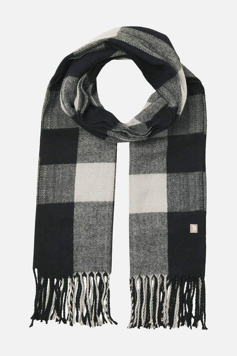 Écharpe noire à carreaux en laine par ACCESSORIES BY JACK & JONES avec des franges en bas.