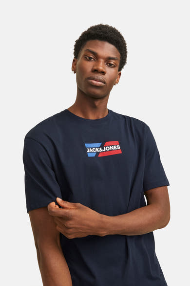 Blauw T-shirt met korte mouwen van JACK & JONES, met tweekleurig logo op de borst en korte mouwen.