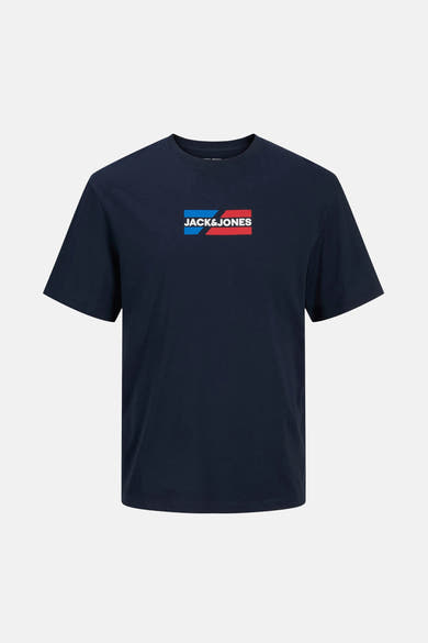 Marineblauw T-shirt met korte mouwen van JACK & JONES met tweekleurig rechthoekig logo op de voorkant.
