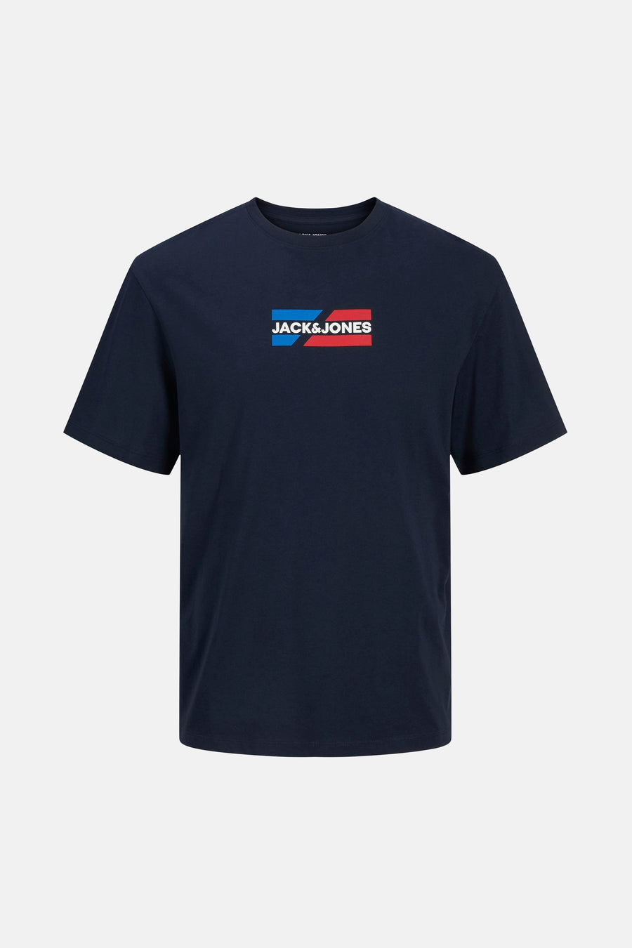 Marineblauw T-shirt met korte mouwen van JACK & JONES met tweekleurig rechthoekig logo op de voorkant.