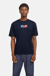 Marineblauw T-shirt met korte mouwen van JACK & JONES, met een rechthoekig logo op de borst.