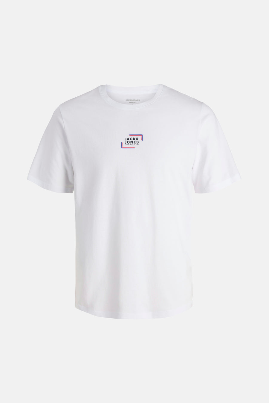 T-shirt blanc à manches courtes de JACK & JONES, avec un logo rectangulaire sur la poitrine.
