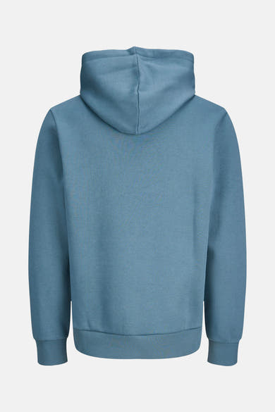 Sweat à capuche bleu de JACK & JONES, vue arrière, avec capuche et finitions côtelées.