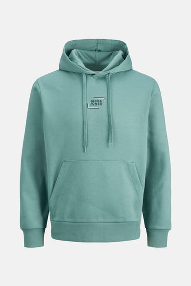 Blauwe hoodie van JACK & JONES met trekkoord en kangoeroezak.