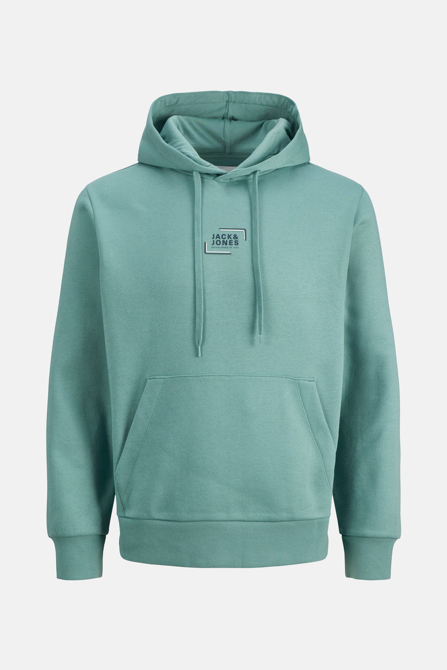 Blauwe hoodie van JACK & JONES met trekkoord en kangoeroezak.
