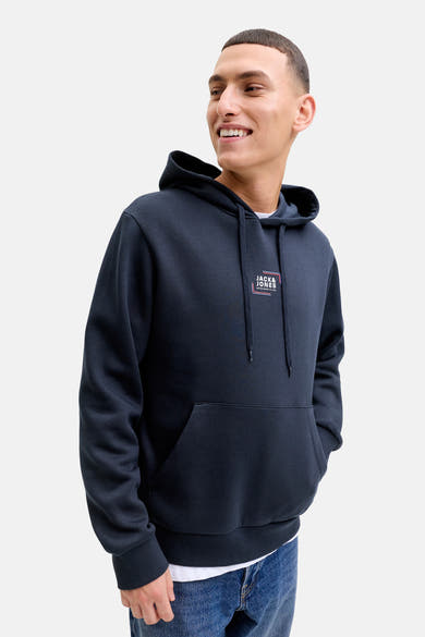 Marineblauwe hoodie van Jack & Jones, met trekkoord en kangoeroezak.