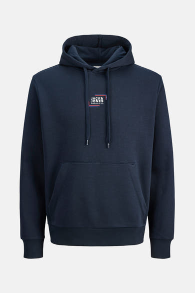 Marineblauwe hoodie van JACK & JONES met trekkoord en kangoeroezak.
