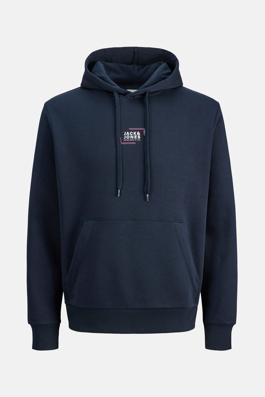 Marineblauwe hoodie van JACK & JONES met trekkoord en kangoeroezak.