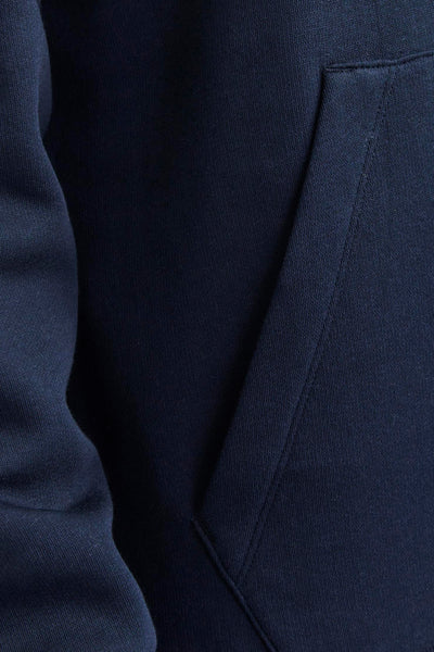 Blauwe hoodie van JACK & JONES, met kangoeroezak en zichtbare mesh-textuur.
