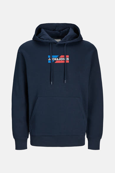 Marineblauwe hoodie van JACK & JONES, met rechthoekig logo op de borst en kangoeroezak.