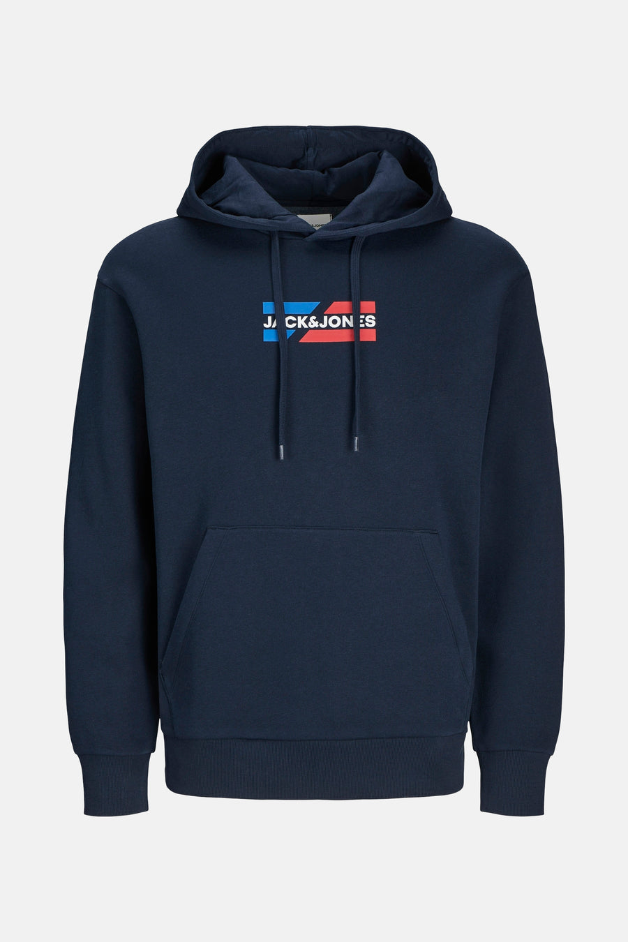 Marineblauwe hoodie van JACK & JONES, met rechthoekig logo op de borst en kangoeroezak.