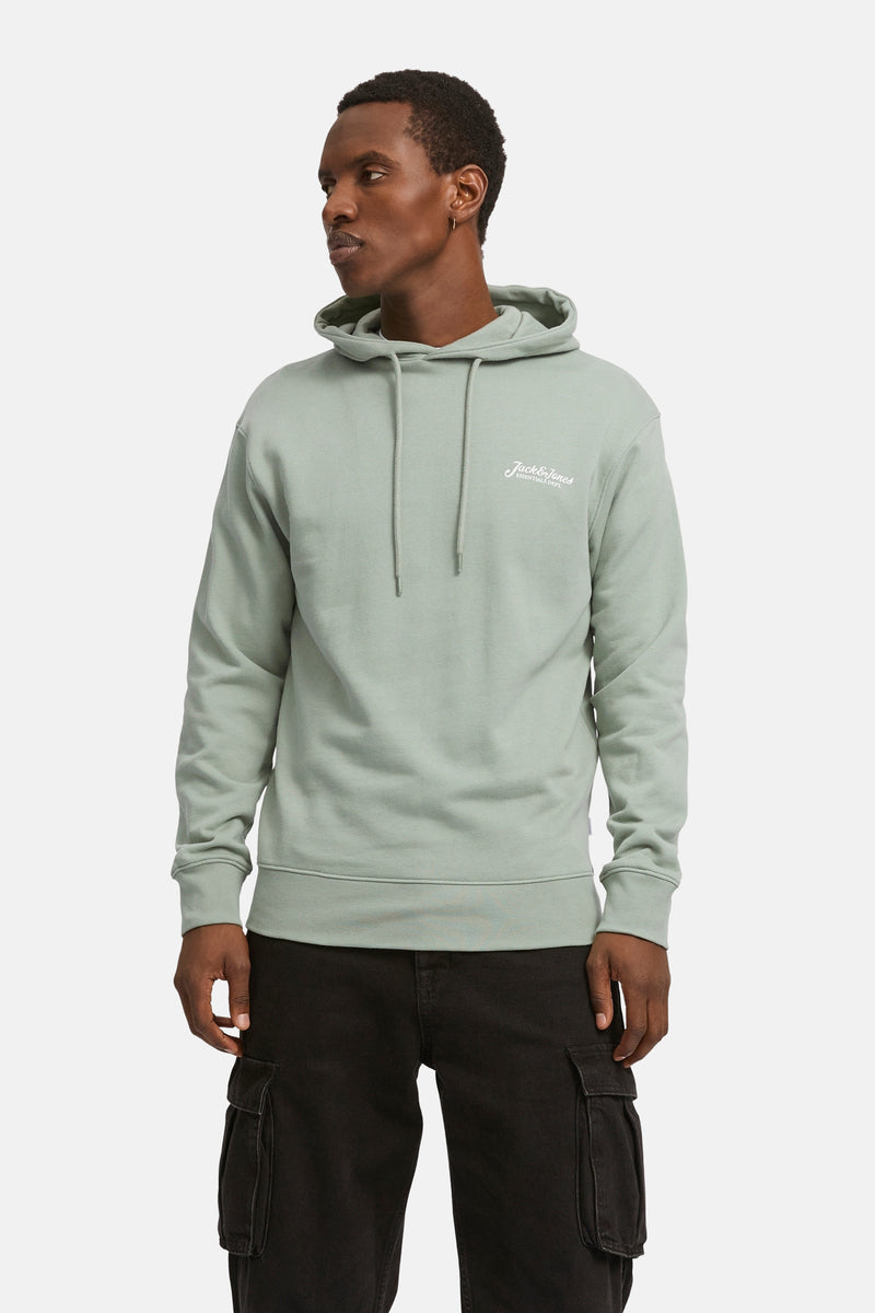 Mintgroene hoodie van Originals by Jack & Jones, met trekkoord en geborduurd wit logo.