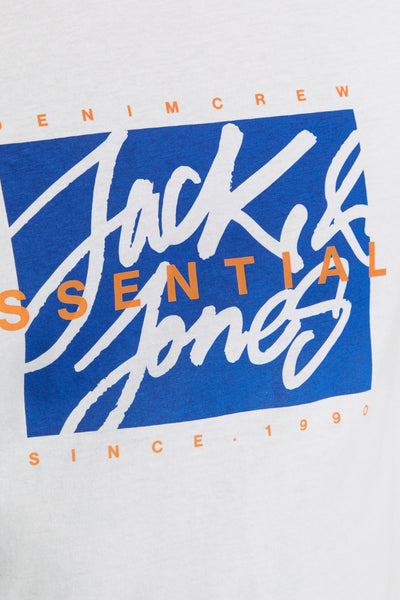 Wit T-shirt met korte mouwen van ORIGINALS BY JACK & JONES met een groot blauw en oranje logo op de voorkant.