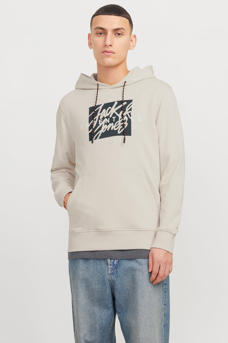 Ecru hoodie van Originals by Jack & Jones met tweekleurig trekkoord en verweerde jeans.