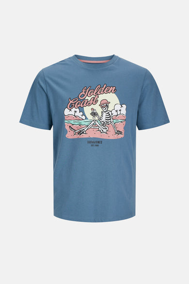 Blauwe t-shirt met korte mouwen van ORIGINALS BY JACK & JONES met een gedrukt patroon op de voorzijde.