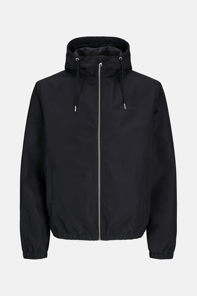 Zwarte regenjas van ORIGINALS BY JACK & JONES met ritssluiting en capuchon met trekkoord.