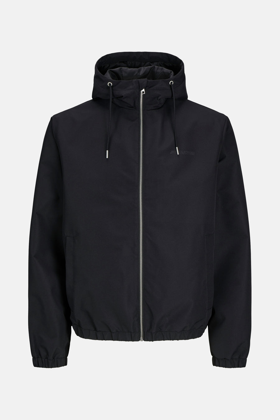 Zwarte regenjas van ORIGINALS BY JACK & JONES met ritssluiting en capuchon met trekkoord.