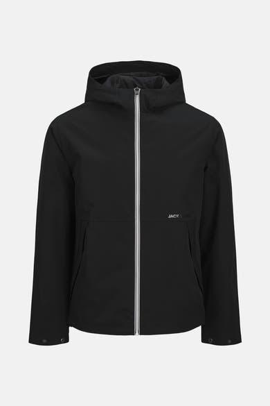 Veste courte noire par JACK & JONES avec fermeture éclair blanche et capuche.
