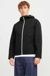 Veste courte noire de JACK & JONES, avec fermeture éclair blanche et jean bleu