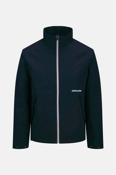 Korte blauwe jas van JACK & JONES met zilveren ritssluiting middenvoor.