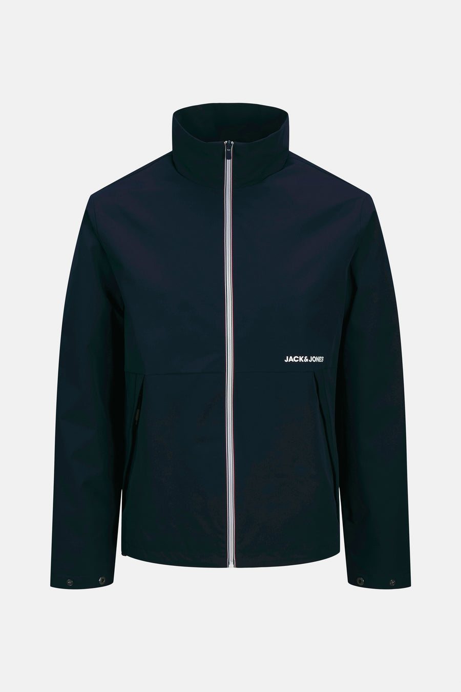 Korte blauwe jas van JACK & JONES met zilveren ritssluiting middenvoor.