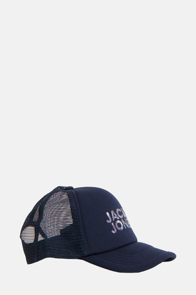 Blauwe pet van ACCESSORIES BY JACK & JONES met mesh achterkant, zijaanzicht.