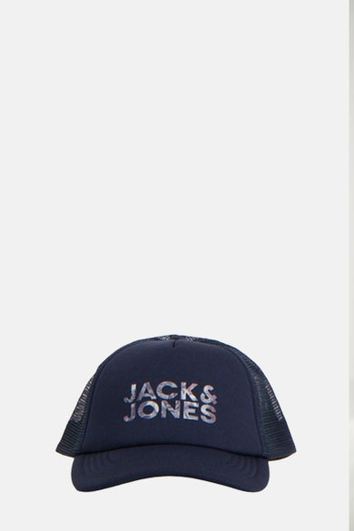 Blauwe pet van ACCESSORIES BY JACK & JONES met zilveren logo aan de voorkant en mesh-paneel.