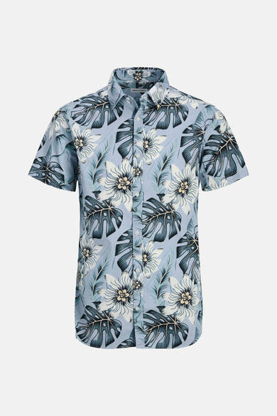 Blauwe blouse met korte mouwen van JACK & JONES, met een bloemen- en tropisch bladmotief.