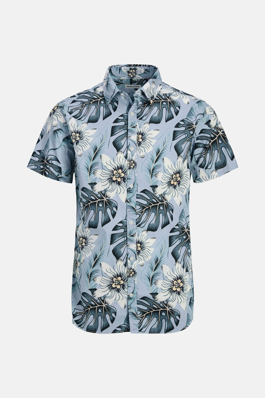 Blauwe blouse met korte mouwen van JACK & JONES, met een bloemen- en tropisch bladmotief.