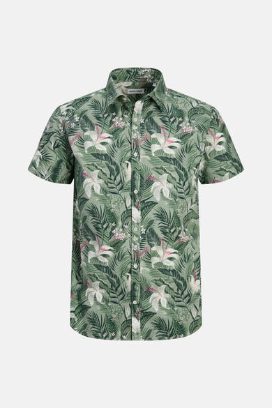 Groen overhemd met korte mouwen van JACK & JONES, met blad- en bloemenpatroon.