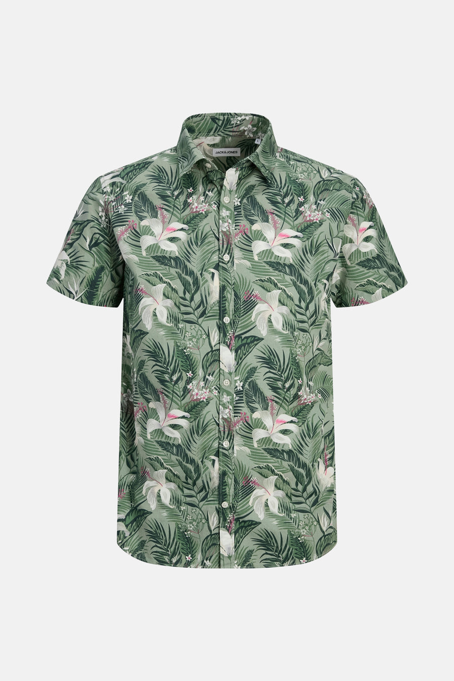 Groen overhemd met korte mouwen van JACK & JONES, met blad- en bloemenpatroon.