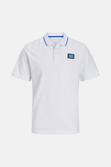 Wit poloshirt met korte mouwen van JACK & JONES, met blauwe randen aan de kraag en vierkant logo.