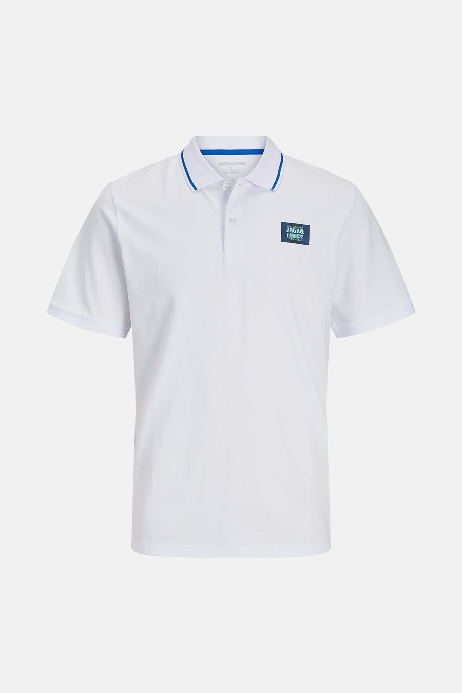 Wit poloshirt met korte mouwen van JACK & JONES, met blauwe randen aan de kraag en vierkant logo.