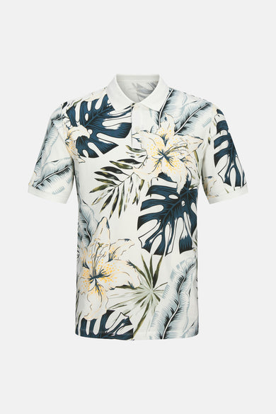 Wit poloshirt met korte mouwen van JACK & JONES met een bloemen- en tropisch patroon.