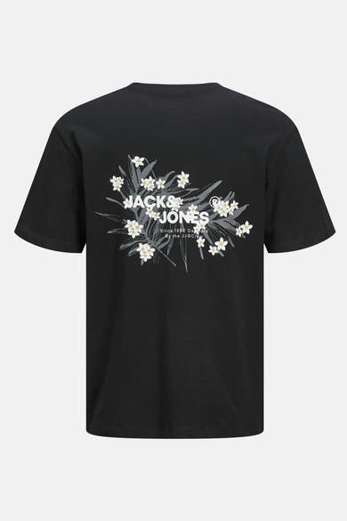 Zwart T-shirt met korte mouwen van ORIGINALS BY JACK & JONES, versierd met een decoratief bloemenpatroon op de rug.