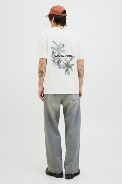 Wit T-shirt met korte mouwen van Originals by Jack & Jones, met palmboom- en vogelprint op de rug.