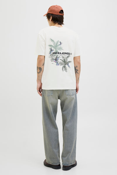 T-shirt à manches courtes blanc de Originals by Jack & Jones, avec motif imprimé palmiers et oiseaux au dos.