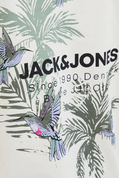 Wit T-shirt met korte mouwen van ORIGINALS BY JACK & JONES met kolibrie- en palmbladmotieven.
