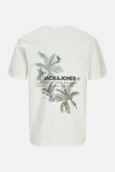 Wit T-shirt met korte mouwen van ORIGINALS BY JACK & JONES, met palmboom- en kolibrie-print.