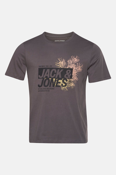 Grijs T-shirt met korte mouwen van JACK & JONES, met tropische print op de voorkant.