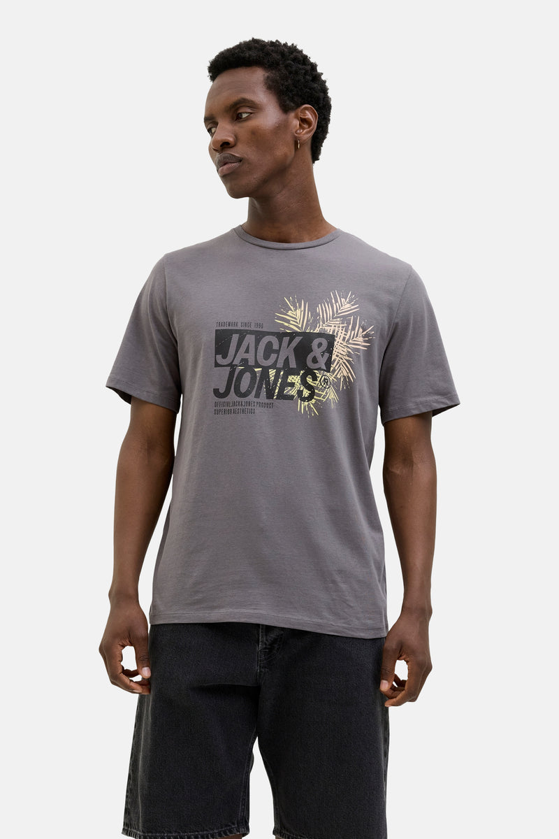 T-shirt à manches courtes gris de JACK & JONES, avec imprimé graphique sur le devant.