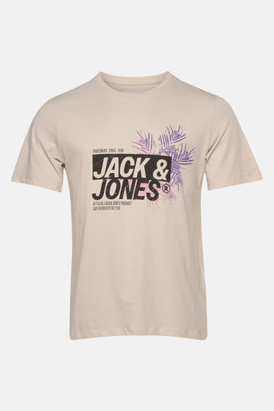T-shirt à manches courtes écru de JACK & JONES avec imprimé logo et motif de feuilles.
