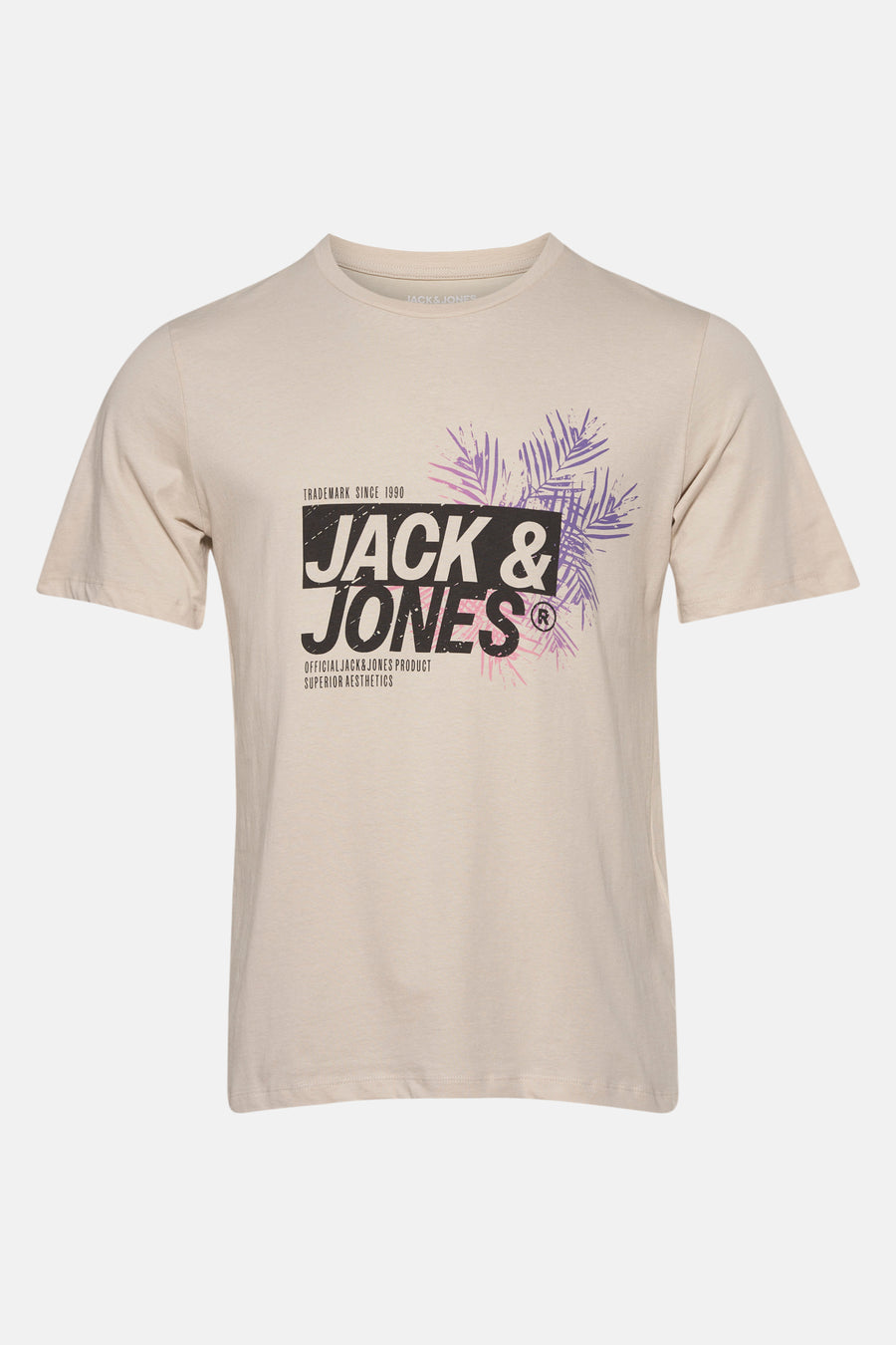 T-shirt à manches courtes écru de JACK & JONES avec imprimé logo et motif de feuilles.
