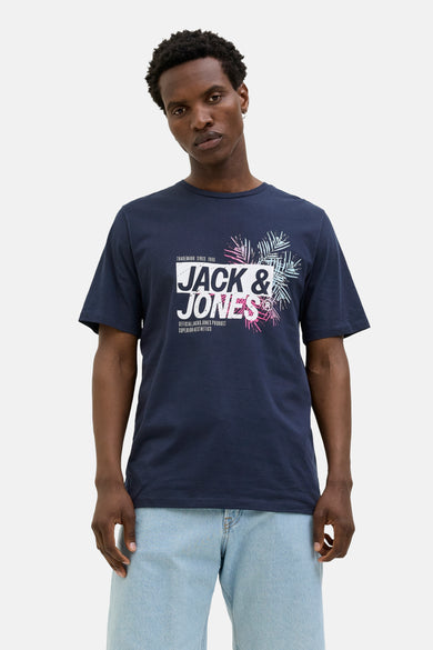 T-shirt bleu à manches courtes de JACK & JONES, avec motif graphique de palmiers.