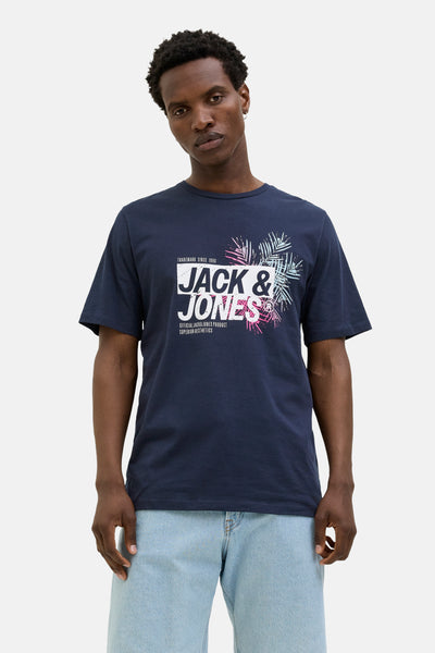 T-shirt bleu à manches courtes de JACK & JONES, avec motif graphique de palmiers.