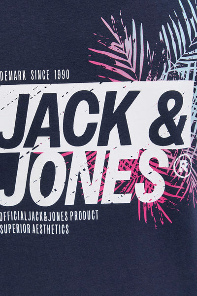 Blauwe T-shirt met korte mouwen van JACK & JONES met gestileerde bladerprint.