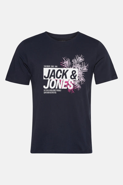 Blauw T-shirt met korte mouwen van JACK & JONES, met grafische print middenvoor.