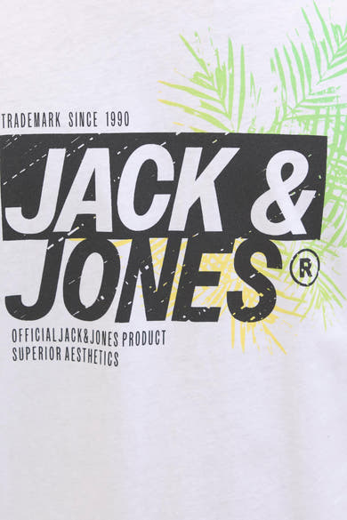 T-shirt blanc à manches courtes de JACK & JONES avec motif tropical en dégradé vert et jaune.