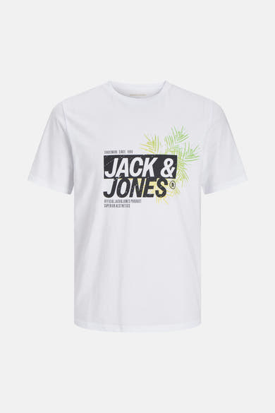 T-shirt blanc à manches courtes de JACK & JONES avec imprimé graphique sur le devant.
